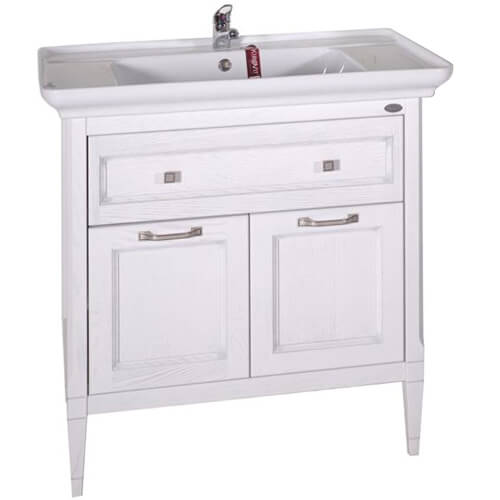 Тумба с раковиной ASB Wood Line Гранда 85 белая, патина серебро