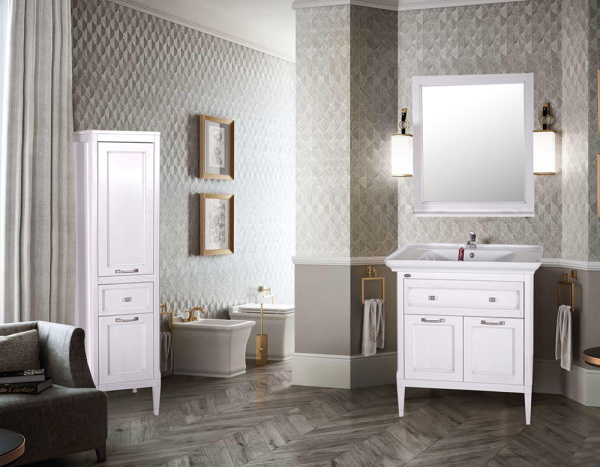 Тумба с раковиной ASB Wood Line Гранда 85 белая, патина серебро