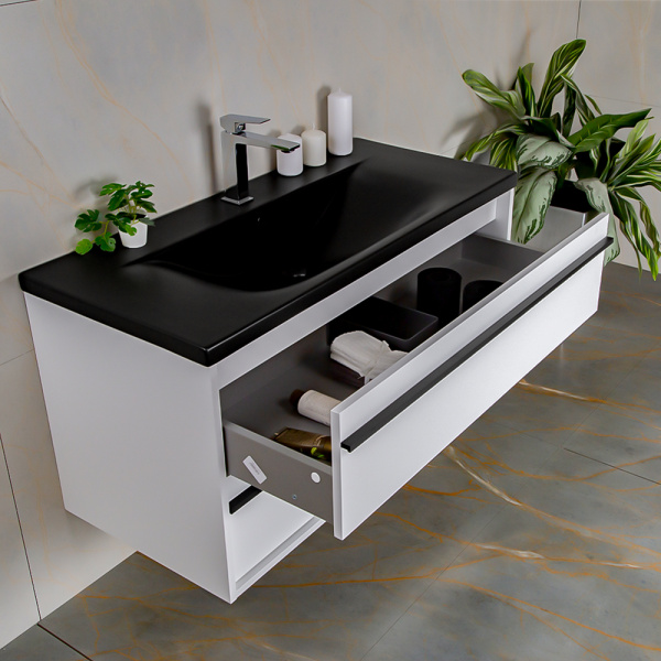 Тумба 1000 2ящ с черной ручкой эмаль Белый мат + раковина Черный мат ГРАФИКА AVS