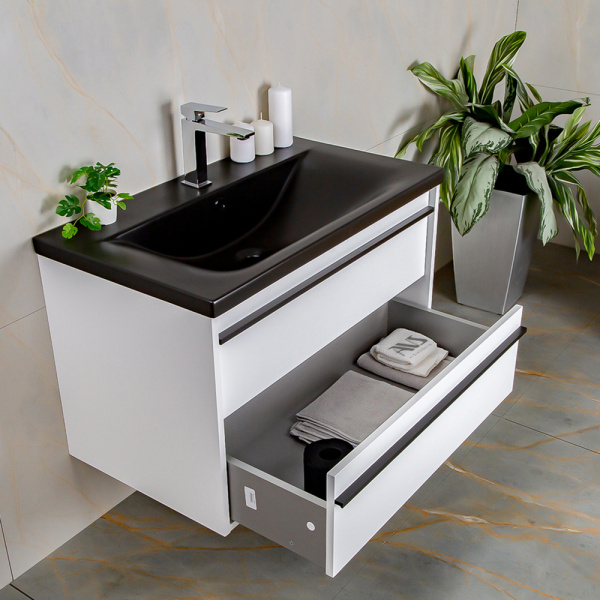 Тумба с раковиной AVS Графика 80 белая матовая с черной ручкой и раковиной Тумба с раковиной AVS Графика 80 белая матовая с черной ручкой и раковиной