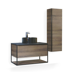 Тумба 900 1ящ подвес со столешницей HPL + Пенал Аттик древесный Steal JORNO