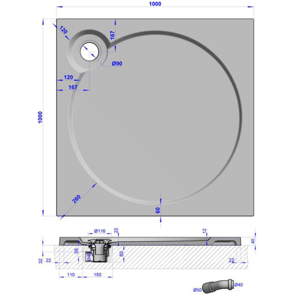 Поддон 100*100*4 литьевой БЕЗ панели БЕЗ ножек Deluxe квадратный GuteWetter